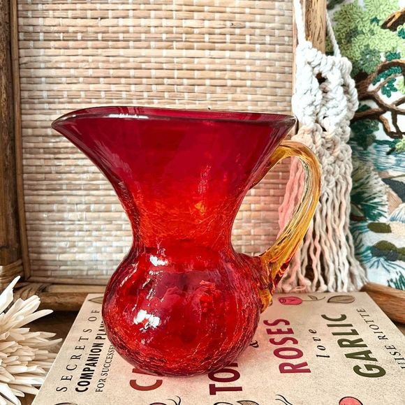 Vintage Rare Rainbow Amberina Crackle Glass Stubby Chunky Pitcher - Picture 3 of 9